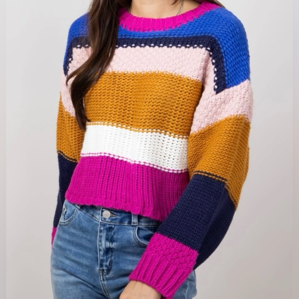 Simply Southern Colorful Striped Long Sleeve Cropped Knit Sweater Sz XL